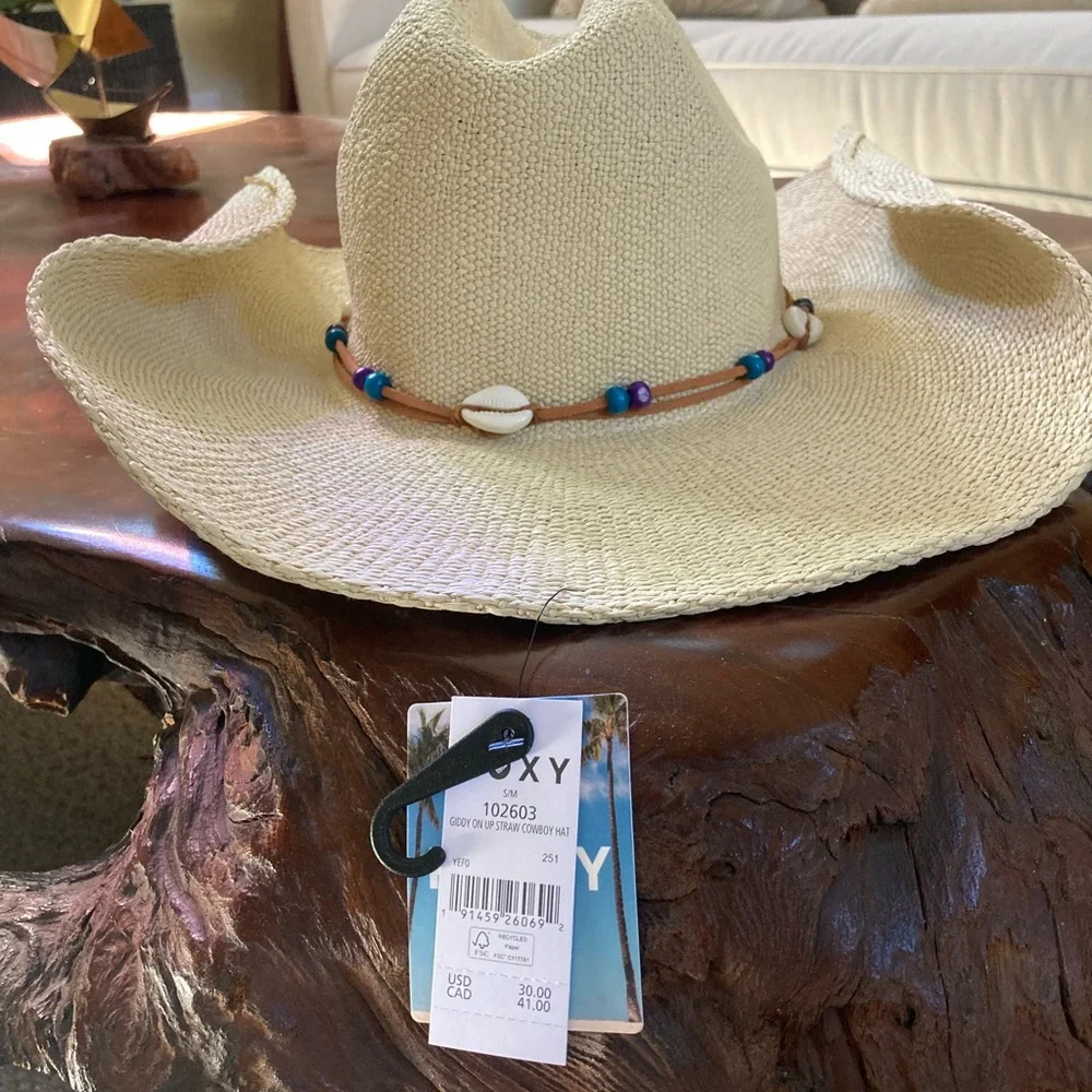 Roxy Cream Western Straw Hat with Beaded Shell Band NEW - Picture 4 of 7